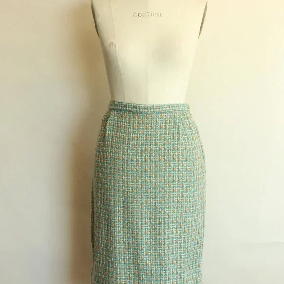 Vintage 1960s Skirt, Majestic Specialties Tweed Check or Plaid Wool Pencil Skirt